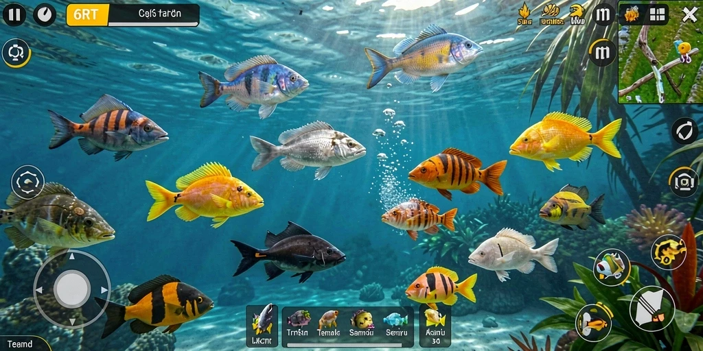 Tampilan gameplay seru dalam 6RT dengan berbagai ikan berwarna-warni.