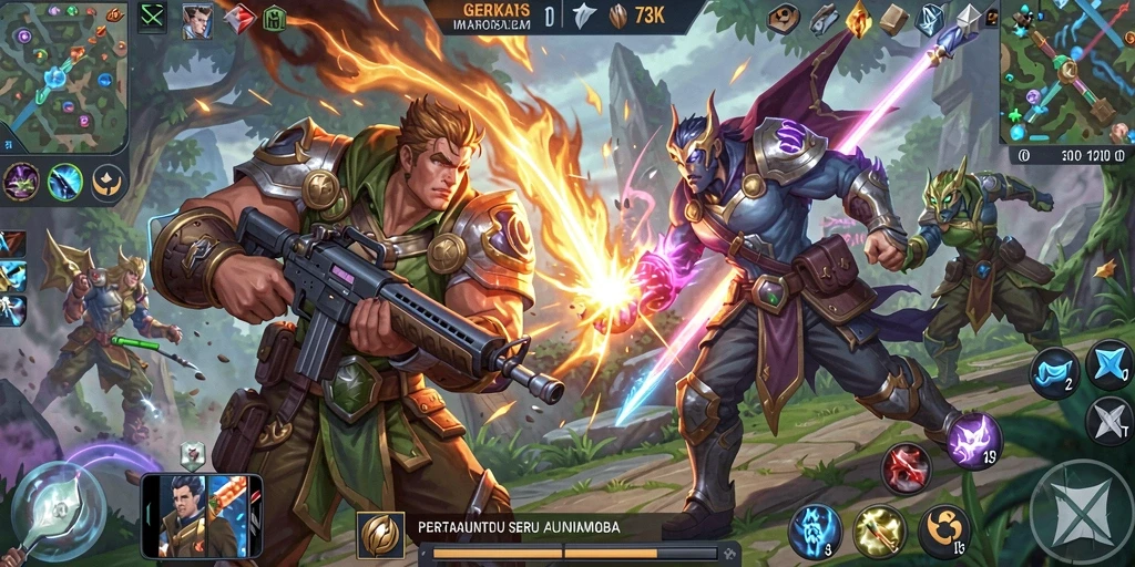 Screenshot utama 73K menampilkan pertarungan seru antara karakter MOBA.