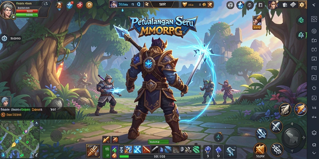 Screenshot utama 99RP yang menampilkan pertempuran heroik dan eksplorasi dunia.