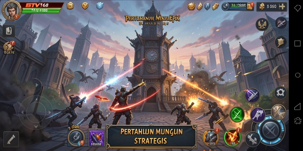 Tangkapan layar BTV168 menampilkan aksi seru dalam pertarungan Tower Defense.