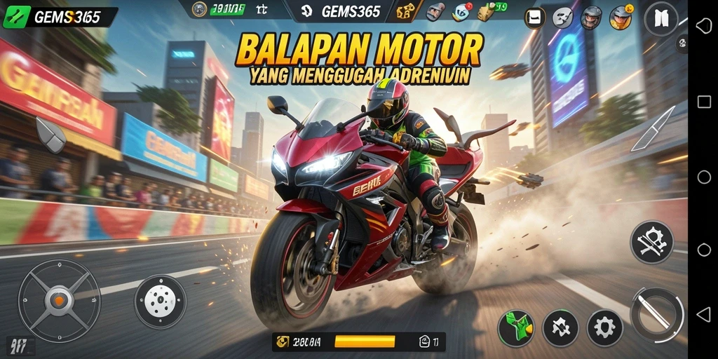 Screenshot GEMS365 menampilkan balapan motor yang seru dan grafis luar biasa.