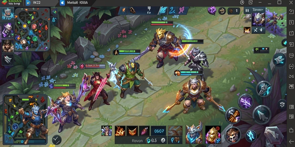 Screenshot gameplay IN22 menampilkan pertarungan tim yang intens dalam arena MOBA.