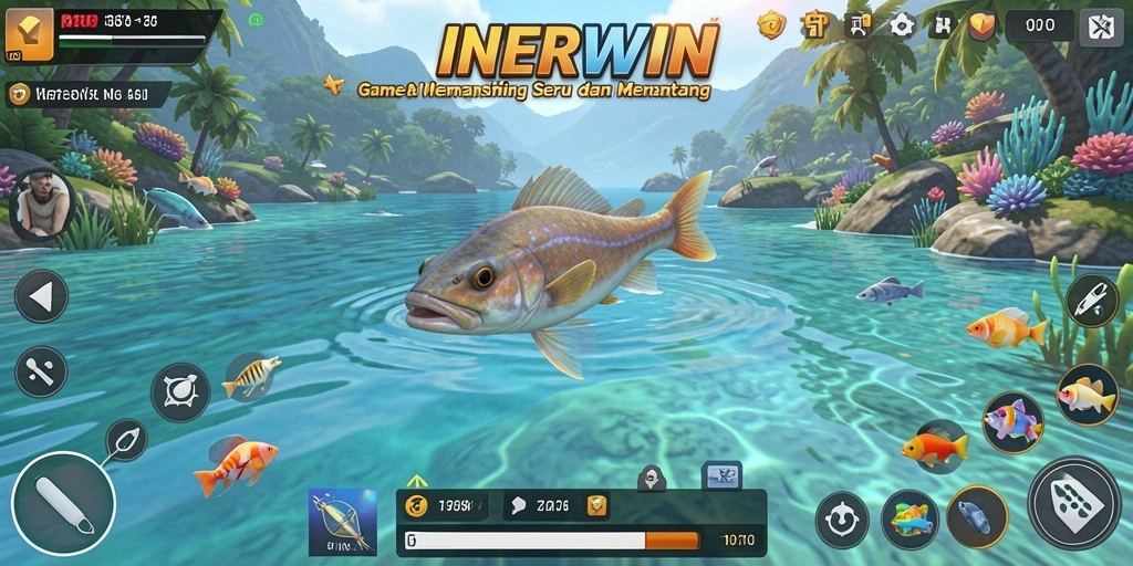 Screenshot gameplay INTERWIN menampilkan momen mendebarkan saat menangkap ikan.