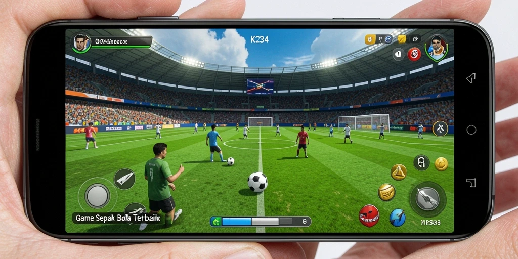 Screenshot utama K234 menunjukkan aksi seru pertandingan sepak bola.