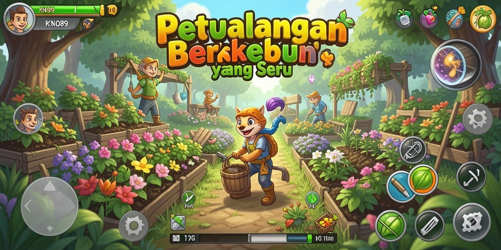 Screenshot gameplay KNO89 yang menunjukkan kebun yang subur dan karakter yang berinteraksi.