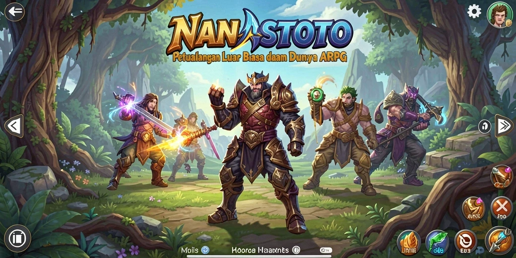 Screenshot gameplay <strong>NANASTOTO</strong> menampilkan aksi pertempuran seru dalam dunia fantasi.