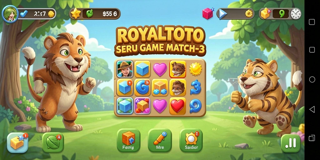 Screenshot utama ROYALTOTO menampilkan gameplay seru Match-3 yang menantang.