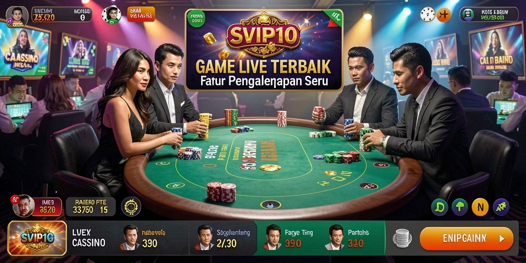 Screenshot gameplay SVIP10 menunjukkan dealer langsung dan suasana kasino yang menarik.