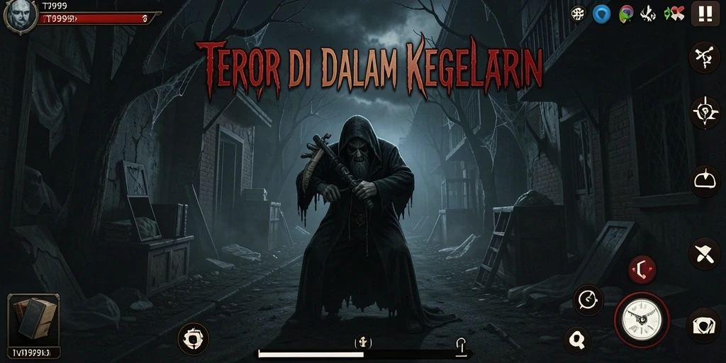 Gameplay T9999 dengan atmosfer menakutkan dan karakter misterius.