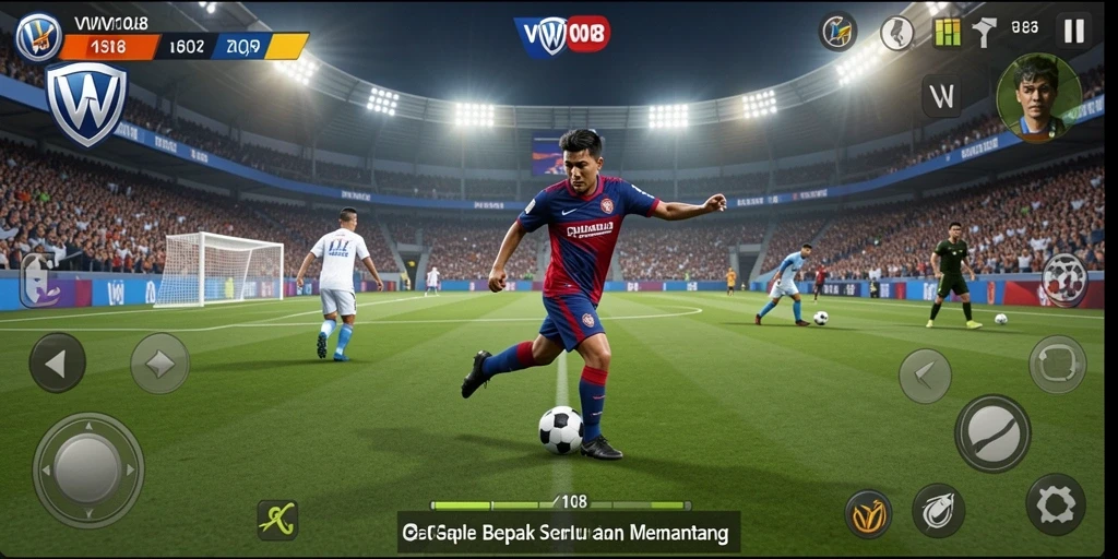 Screenshot gameplay VW108 menampilkan aksi seru di lapangan sepak bola.